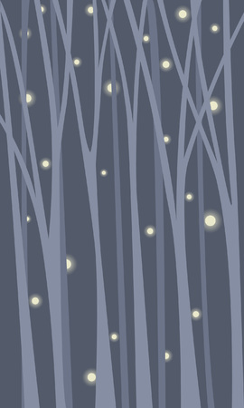 Tranquil background with a thicket of forest. Fireflies fly among tree trunks.のイラスト素材