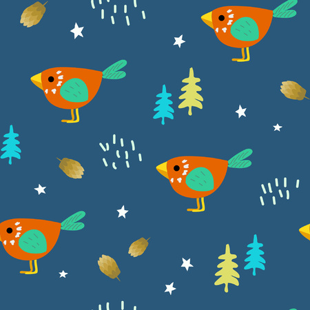Funny birds among the forest thicket. Cute children's seamless pattern. Bright ornament is great for prints, textiles, covers, gift wrappers, backdrops.のイラスト素材