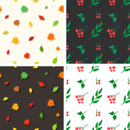 Collection of summer-fall seamless patterns. The whirling leaves and ripe berries perfectly decorate any shapeのイラスト素材