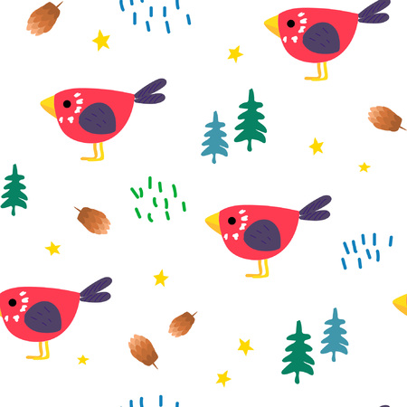 Funny birds among the forest thicket. Cute children's seamless pattern. Bright ornament is great for prints, textiles, covers, gift wrappers, backdrops.のイラスト素材