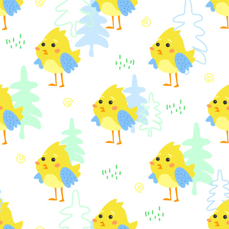 Seamless pattern with small yellow birds among the trees. Children's wood ornament. Great for prints, textiles, covers, gift wrappers, backdrops.のイラスト素材