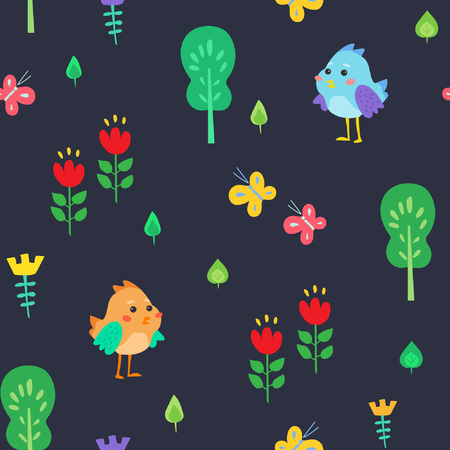 Cute children's seamless pattern. Funny birds among nature - trees, leaves, flowers and butterflies. Ornament is great for prints, textiles, covers, gift wrappers, backdrops.のイラスト素材