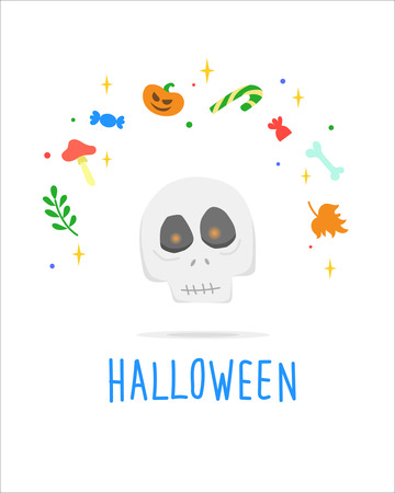 Skull with Halloween attributes floating around it: bone, leaf, mushroom, pumpkin, sweetsのイラスト素材