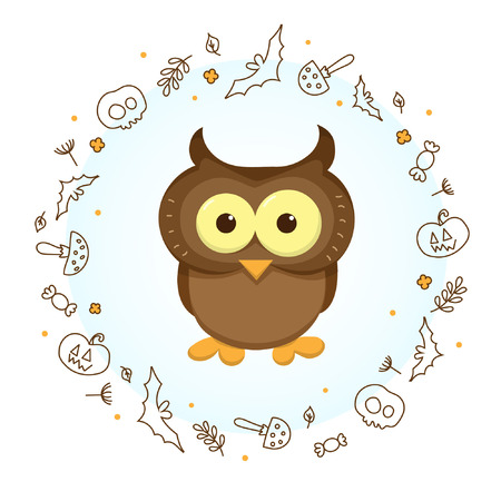 Lovely owl surrounded by a wreath. The wreath is made up of elements on the theme of Halloween executed in a linear style.のイラスト素材