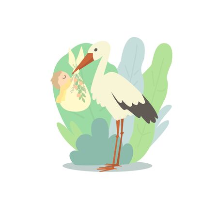 A cute stork holds a nappy with a newborn baby. The background is full of large leavesのイラスト素材