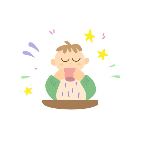 A baby drinks from a mug on his own.Teaching of skillsのイラスト素材