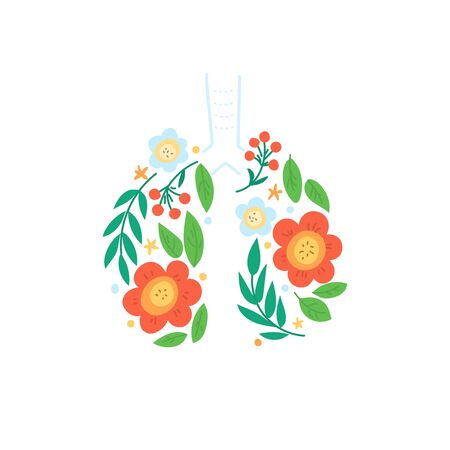Lungs vector. Human internal organ. Ornament of leaves and flowersのイラスト素材