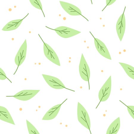 Green leaves are on a white background. A seamless pattern with leaves.のイラスト素材