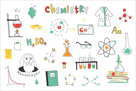 Chemistry. A collection of hand-drawn chemistry images. Chemistry lessons at school. Equipment, formulas, circuits. Modern vector illustration. Flat design. のイラスト素材