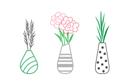 Vases with bouquets. Linear minimalistic vector illustration.のイラスト素材