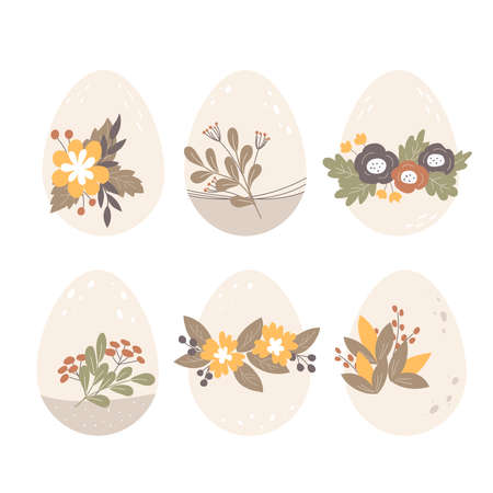Easter eggs decorated with flowers, leaves and berries. Happy Easter. Flat design, vector illustrationのイラスト素材