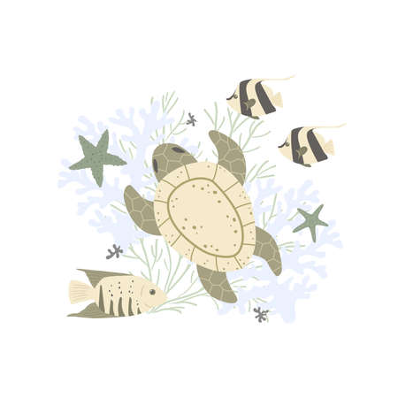Marine composition with sea turtle, fish and starfish. Cartoon vector illustration, flat designのイラスト素材