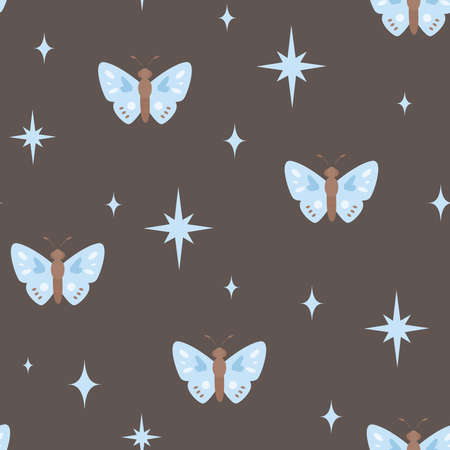 Seamless pattern with flying butterflies in the sky with stars. Cute texture for fabric, wrapping, textile, wallpaper, apparel.のイラスト素材