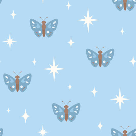 Seamless pattern with flying butterflies in the sky with stars. Cute texture for fabric, wrapping, textile, wallpaper, apparel.のイラスト素材