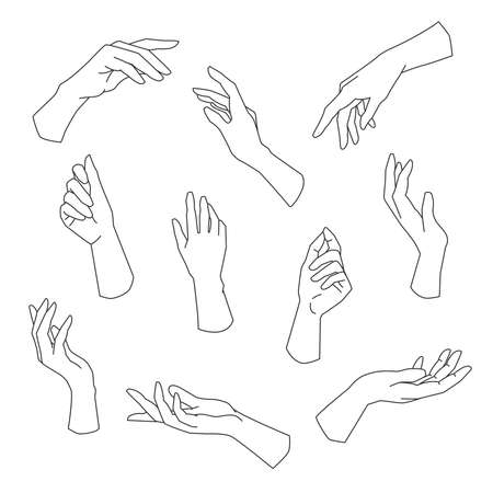 Set of linear hands in various gestures. Modern boho female hands. Vector illustrationのイラスト素材