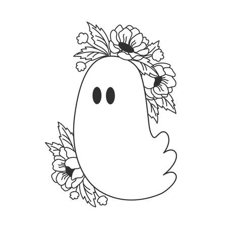 ghost in flowers. linear vector. Character for Halloweenのイラスト素材