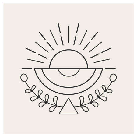 Sunrise or sunset. Celestial emblem. line drawing. vector illustrationのイラスト素材