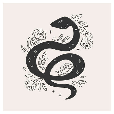 Floral magic snake. Celestial snake and peonies. Black snake among roses. Symbol of magic and occult rites. vector illustration. Snake with a slotted patternのイラスト素材