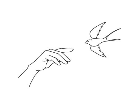 Bird flying to the hand. Minimalistic trend vector illustration. A symbol of peaceのイラスト素材