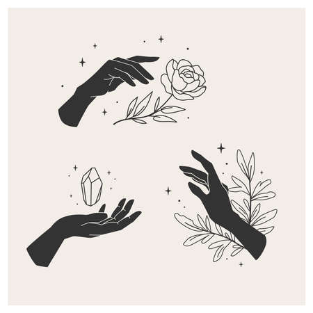 Trendy set magical with female hands. This vector are good for design of mystical project, card and poster making, decoration clothes and other surfaces.のイラスト素材