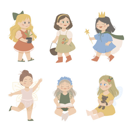 Set with cute beautiful girls. Girls play in the kinder garden. Various activities for children. Characters with different hairstyles and dresses. kids vector illustrationのイラスト素材