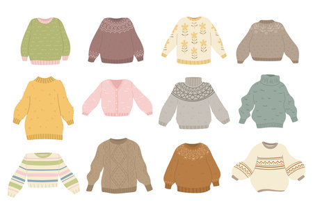 Collection of warm sweaters and jackets. Winter cute wardrobe. Stylish fall clothes. Vector illustrationのイラスト素材