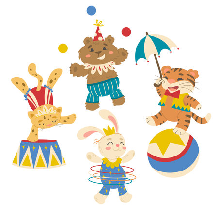 Circus performers, cute cartoon animals. Fun set of acrobats, gymnasts and jugglers. Characters for children's products. Kids vector illustrationのイラスト素材