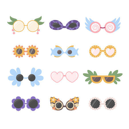 Set of unusually shaped glasses. Playful, circus, festive sunglassesのイラスト素材