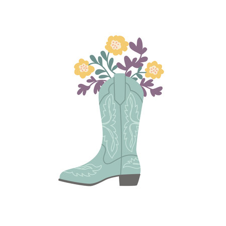 Cowboy boot with a bouquet of flowers. Wild West aesthetics. Vector illustrationのイラスト素材