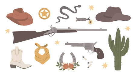 Objects from the Wild West. Cowboy aesthetic. Set of vector elements with gun, cowboy hat, cowboy boots, cactus, sheriff's star, lucky horseshoe, snakeのイラスト素材