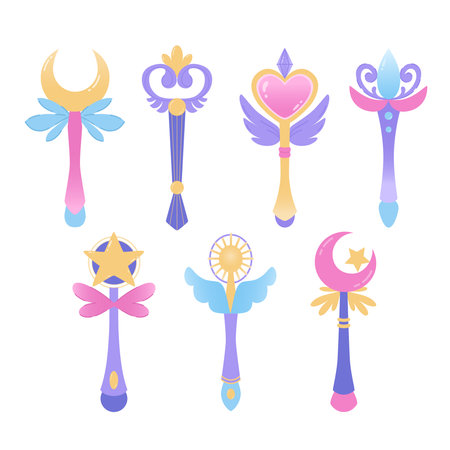 Set of magic wands. Bright shining magic scepters. Fairy sparkling magic sticksのイラスト素材