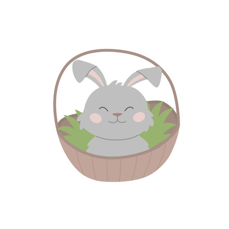 Happy rabbit in a basket with grass. Easter bunny as a symbol of the holiday hunt. Vector illustrationのイラスト素材