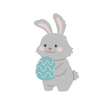 Gray bunny holds a painted Easter egg. Cute holiday rabbit. Vector illustrationのイラスト素材