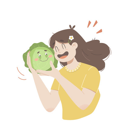 Joyful woman hugs a ripe cabbage. Vegetarian woman holding happy cabbage character. Cute vegan couple. Organic natural fresh green vegetable. Vector Illustrationのイラスト素材