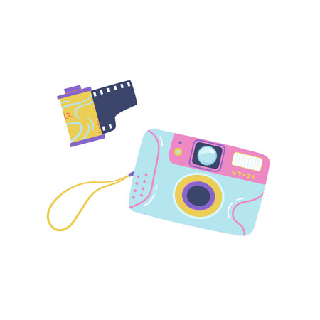 Vintage portable home camera with film. Retro technology vector illustration. Device from the 1990s.