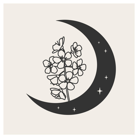Crescent moon with wildflowers. Mystical symbol. Celestial object. The moon has a slit pattern. Vector illustrationのイラスト素材