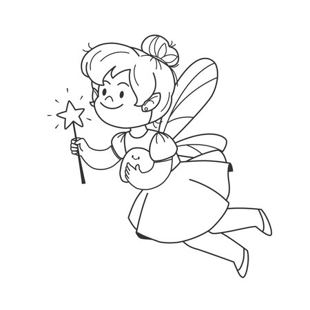 Fairy with wings, teeth and a magic wand. Preschool coloring page for kids. Tooth fairy coloring book. Vector illustrationのイラスト素材