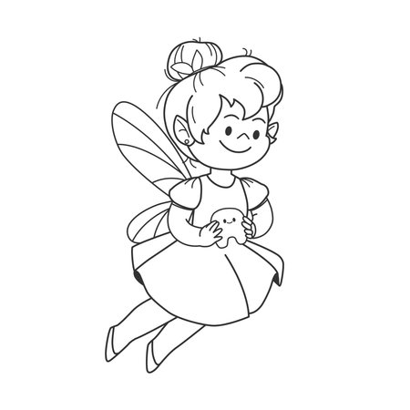 Children coloring page for kids with tooth fairy. Black outline vector illustration. Dental care coloring. Cartoon line artのイラスト素材
