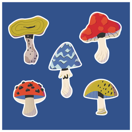 Forest mushroom sticker set. Vegetarian natural seasonal food. Psychedelic, decorative, whimsical mushrooms. Vector illustrationのイラスト素材