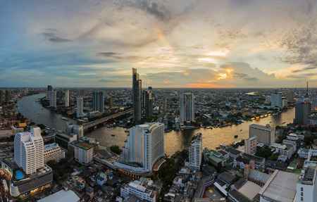 Bangkok cityscape and Chaophraya River with sunset panoramaのeditorial素材