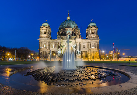 Berlin Cathedral (Berliner Dom) panorama at Night with fountainの写真素材