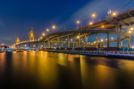 Bhumibol Bridge in Bangkok, Thailand at nightの写真素材