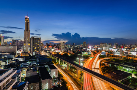 Sunset in Bangkok with Baiyok tower and express wayの写真素材