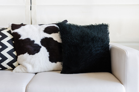 black and white pillows on white sofa in living roomの写真素材