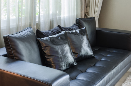 black modern sofa in living room at homeの写真素材