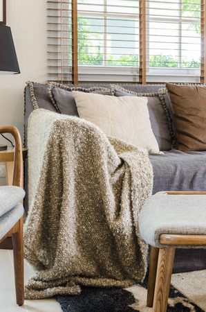 brown blanket on sofa in living room at homeの写真素材