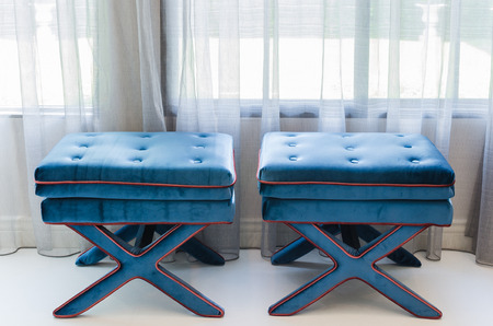 classical blue chairs in living room at homeの写真素材