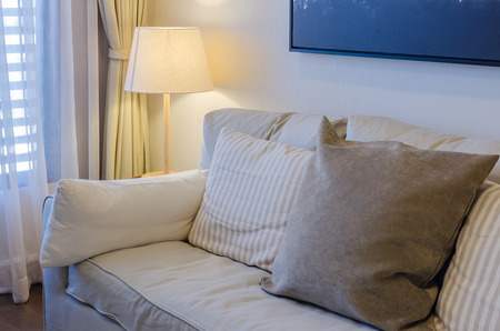 earth tone color sofa with lamp in living room at homeの写真素材