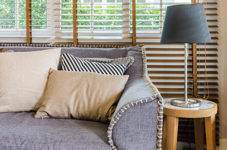 living room design with pillows on sofa and black lamp on tableの写真素材