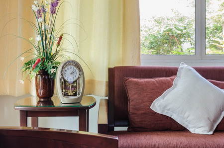 living room with red fabric sofa at homeの写真素材